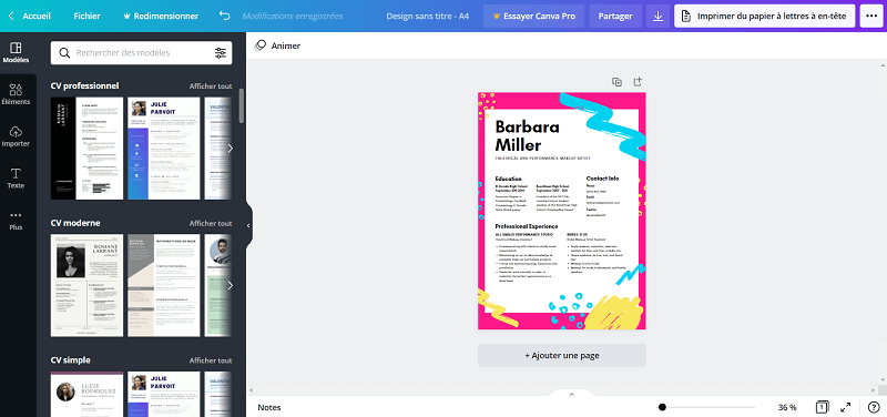 CANVA choix du modèle gratuit de CV