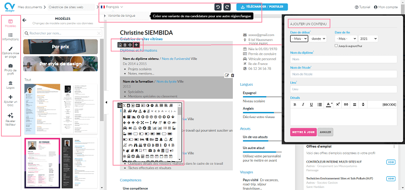 CVDesignR personnalisation du CV et choix de modèles gratuits