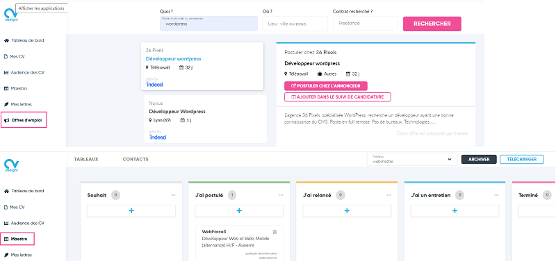 CVDesignR recherche emploi et tableau suivi candidature