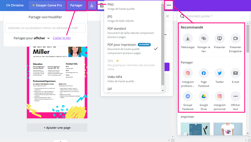 Canva partage téléchargement CV gratuit