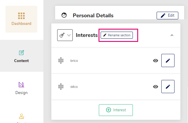FlowCV titres sections en français