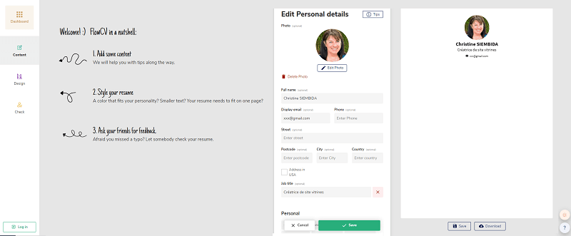 flowCV détails personnels